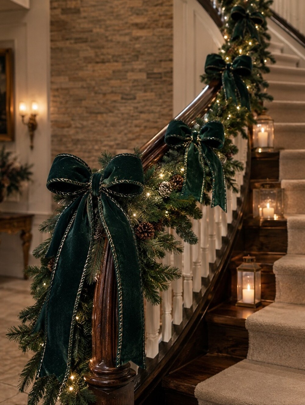 Luxury Deep Green Velvet Holiday Stair Garland with Bows